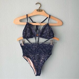Lurelly | Navy Shimmer Lace Two-Piece Triangle Top High-Waisted Bikini Swimsuit